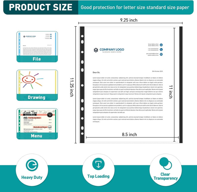 PANDRI Sheet Protectors, 300 Pack Color Heavy Duty Plastic Page Protectors Sheet Reinforced 11-Hole Fit for 3 Ring Binder Fits Standard 8.5 x 11 Paper, 9.25 x 11.25 Top Loaded, Excluding Acid - Image 2